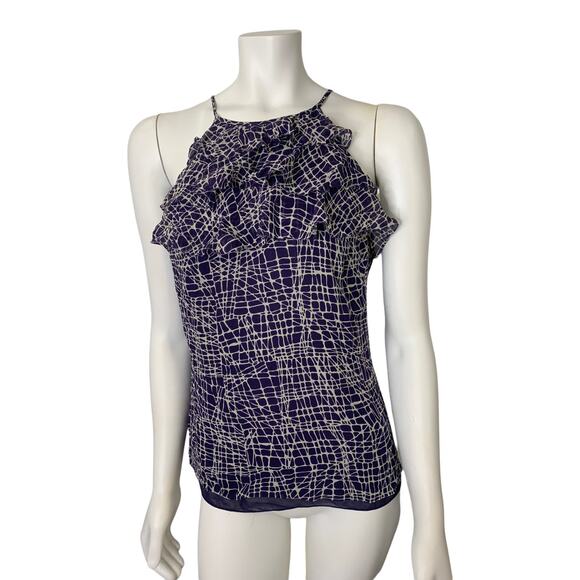 Ann Taylor sleeveless flounce ruffle blouse blue white pattern silk Medium - Picture 8 of 8